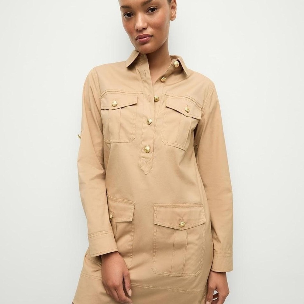 Veronica Beard Khaki Brown Crest Buttons Utility Cargo Mini Shirt Dress Womens 6
